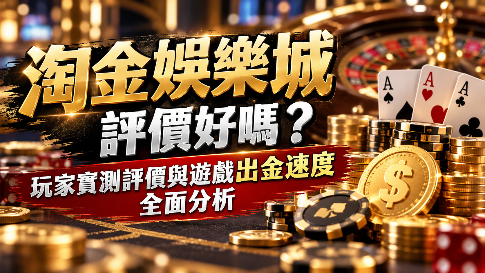 圖片以奢華黑金賭場為背景，搭配撲克牌、籌碼與金幣，呈現淘金娛樂城的遊戲氛圍與視覺特色。 透過醒目的繁體中文標題，聚焦玩家評價、遊戲體驗及出金速度，突顯娛樂城安全性與提款效率的分析重點。